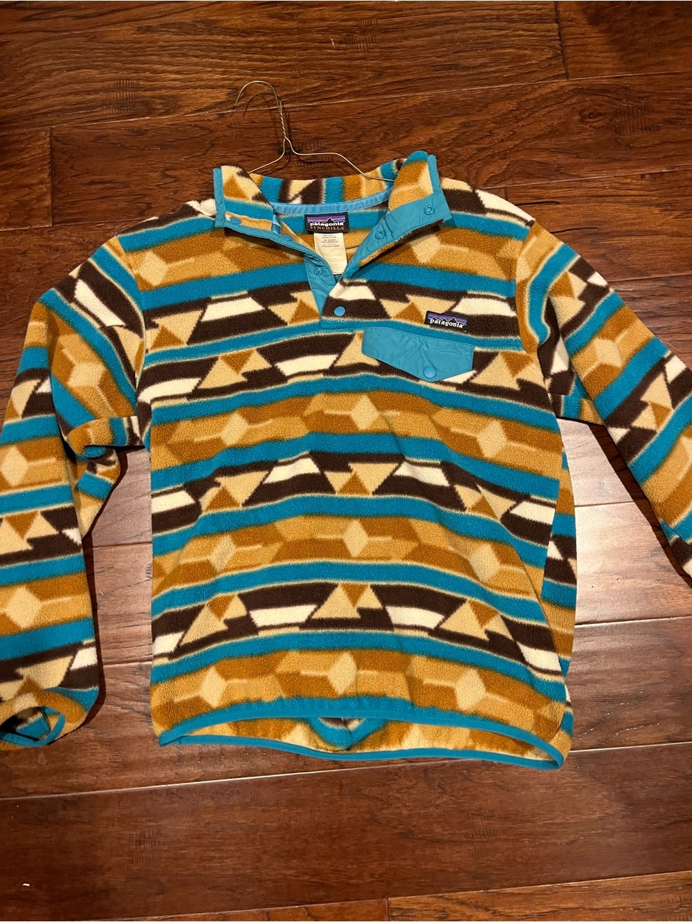 Patagonia womens Turquoise & Mustard Patterned Fleece Pullover